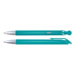 A teal plastic pen with a silver clip and tip, featuring a sleek design and a rounded end. It includes a logo.