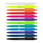 A collection of Javelin Pens in various colors, including white, neon, and dark shades, arranged in a row with branding present.