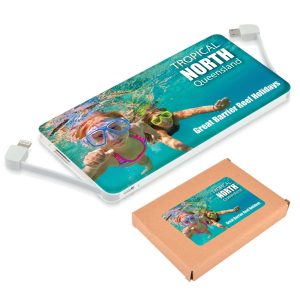 A power bank with a colorful underwater design featuring two children swimming, accompanied by a brown box.