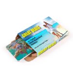 A promotional package featuring a beach scene with a woman and child, showcasing holiday deals in North Queensland.