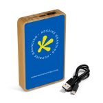 A bamboo power bank featuring a blue front with a logo, accompanied by a USB charging cable.