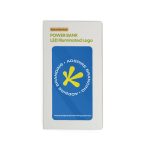 A natural bamboo power bank with a blue branding logo and LED illumination feature.