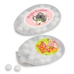 A transparent oval container filled with white sugar-free breath mints, featuring colorful labels with illustrations.