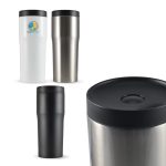 A drink bottle set featuring stainless steel, white, and black travel mugs with black lids and a logo.