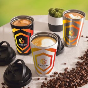 A drink bottle set featuring three travel mugs in black, silver, and orange, each with a logo and a sealed lid.
