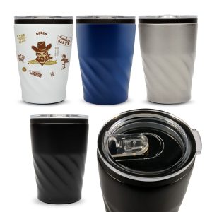 A reusable coffee cup collection featuring white, blue, silver, and black designs with a swirl pattern and a clear lid.