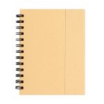 A spiral-bound notebook with a plain, kraft paper cover and a side pocket. The notebook is tan in colour.