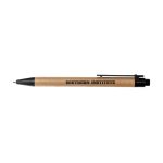 A brown pen with a black clip and a logo printed on the side, featuring a smooth writing tip.