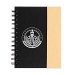 A black spiral notebook with a natural kraft cover on one side and a logo on the front.