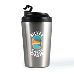 A stainless steel coffee cup with a black lid and a colorful logo featuring a beach scene.