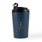 A reusable coffee cup with a sleek navy design and a black lid, featuring the logo "DYNAMIC HIRE" prominently displayed.