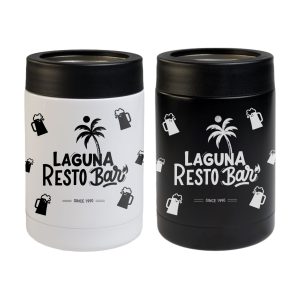 A drink bottle in matte black and matte white, featuring a logo and graphics of beer mugs and palm trees.