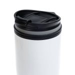 A reusable coffee cup with a sleek white exterior and a black lid featuring a slide closure.