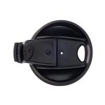 A black reusable coffee cup lid with a built-in handle and a central opening, featuring a logo.