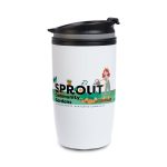 A reusable coffee cup in white with a black lid, featuring a colorful design and a logo.