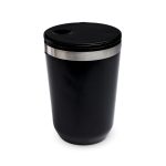 A reusable coffee cup in black with a stainless steel band and a lid featuring a drinking opening.