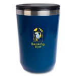 A reusable coffee cup in a dark blue color with a stainless steel lid and a logo on the front.