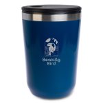 A reusable coffee cup in a vibrant blue color with a stainless steel lid and a logo design.