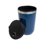 A blue reusable coffee cup with a black lid and a silver band around the top. Features a logo on the cup.