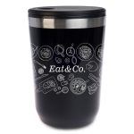 A reusable coffee cup in black with a metallic silver lid and decorative food illustrations.