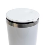 A reusable coffee cup in white with a silver metallic band and a white lid, featuring a small opening for sipping.