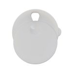 A reusable coffee cup with a sleek white design, featuring a smooth round body and a circular lid with a handle.