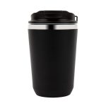 A double wall coffee cup in sleek black with a stainless steel band and a black lid, featuring a logo.