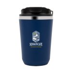 A double wall coffee cup in navy blue with a black lid and a logo on the front.