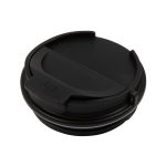 A black coffee cup lid with a sliding opening and sealed edge, designed for a double wall coffee cup.