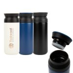 A double wall coffee cup with a black lid, available in white, blue, and black, featuring a logo on one side.