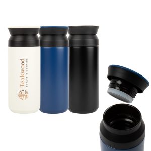A double wall coffee cup with a black lid, available in white, blue, and black, featuring a logo on one side.