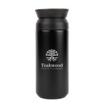 A double wall coffee cup in matte black with a lid and a logo on the front.