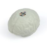 A white brain-shaped stress ball with a logo on the surface, designed for stress relief and fun.
