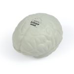 A white brain-shaped stress ball with detailed textures and a logo on one side.