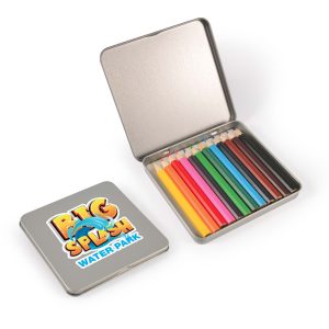 A tin container filled with twelve coloured pencils in various vibrant colors, featuring a logo on the lid.