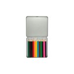 A tin containing 12 coloured pencils in various colors, neatly arranged and ready for use.