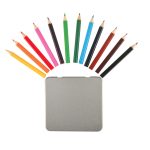 A tin containing 12 coloured pencils arranged in a fan shape, featuring various colors including green, pink, and yellow.