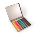 A tin containing 12 colored pencils in various vibrant colors. The pencils are neatly arranged inside the open tin.
