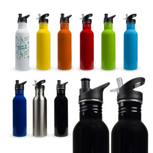 A collection of drink bottles in various colours including white, yellow, orange, red, green, and black, featuring different caps and a logo.