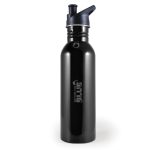 A drink bottle in black stainless steel with a dark blue cap and a branded logo on the front.