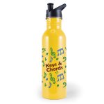 A drink bottle in bright yellow featuring musical notes and a branding logo.