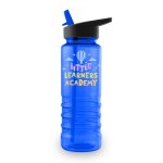 A drink bottle in bright blue with a black cap and a logo. Features a design with balloons and clouds.