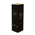 A drink bottle with a sleek design in black, featuring subtle leaf motifs and a logo. Compact and modern in appearance.