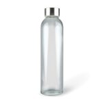 A drink bottle made of clear glass with a metallic silver lid and a minimalist design.