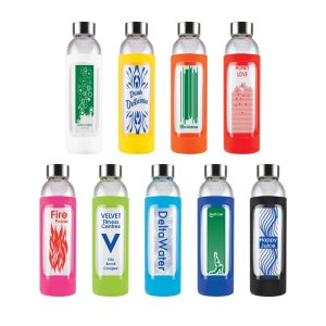 A drink bottle collection featuring various colours, silicone sleeves, and unique designs, with silver caps and branding.
