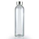 A drink bottle featuring a clear glass body and a stainless steel screw-on lid.