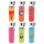 A drink bottle with a clear glass body and colorful neoprene sleeves in orange, red, pink, and blue, featuring various logos.