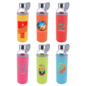 A drink bottle with a clear glass body and colorful neoprene sleeves in orange, red, pink, and blue, featuring various logos.