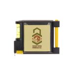 A black contractor tape measure with a yellow level, featuring a logo on a tan background.