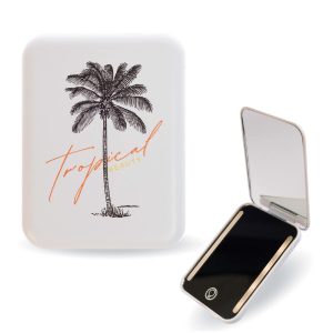 A compact mirror with a palm tree design, featuring a white exterior and a reflective black interior.